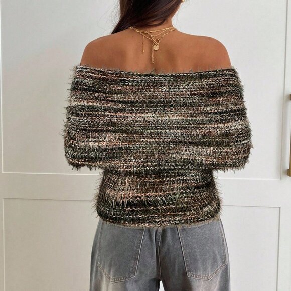 Multicolor Casual Women's Sexy Off Shoulder Ruched Knit T-Shirt - Picture 2 of 7